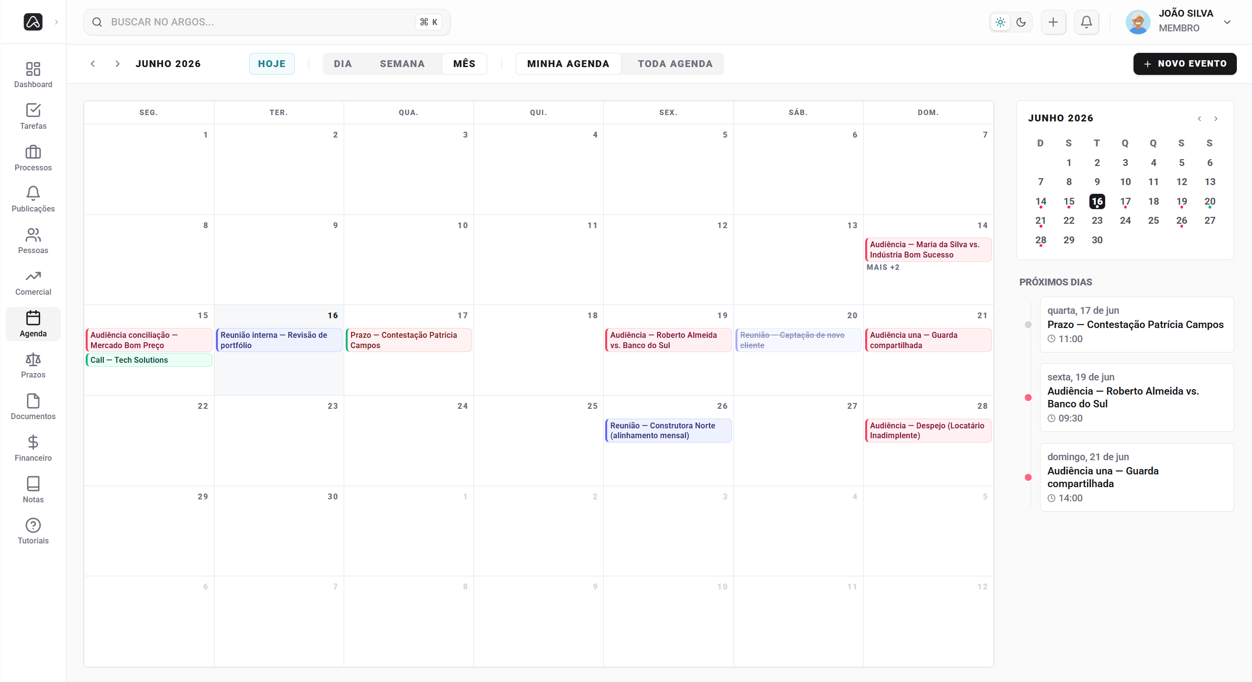 Agenda do Argos com prazos e audiências, com alerta antes da data e sincronização com o Google Agenda.