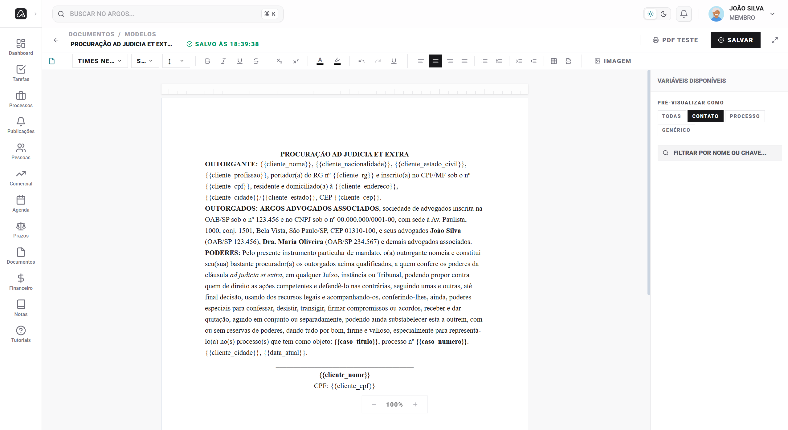 Gestão de documentos do Argos: petições, contratos e provas vinculados ao processo e ao cliente.